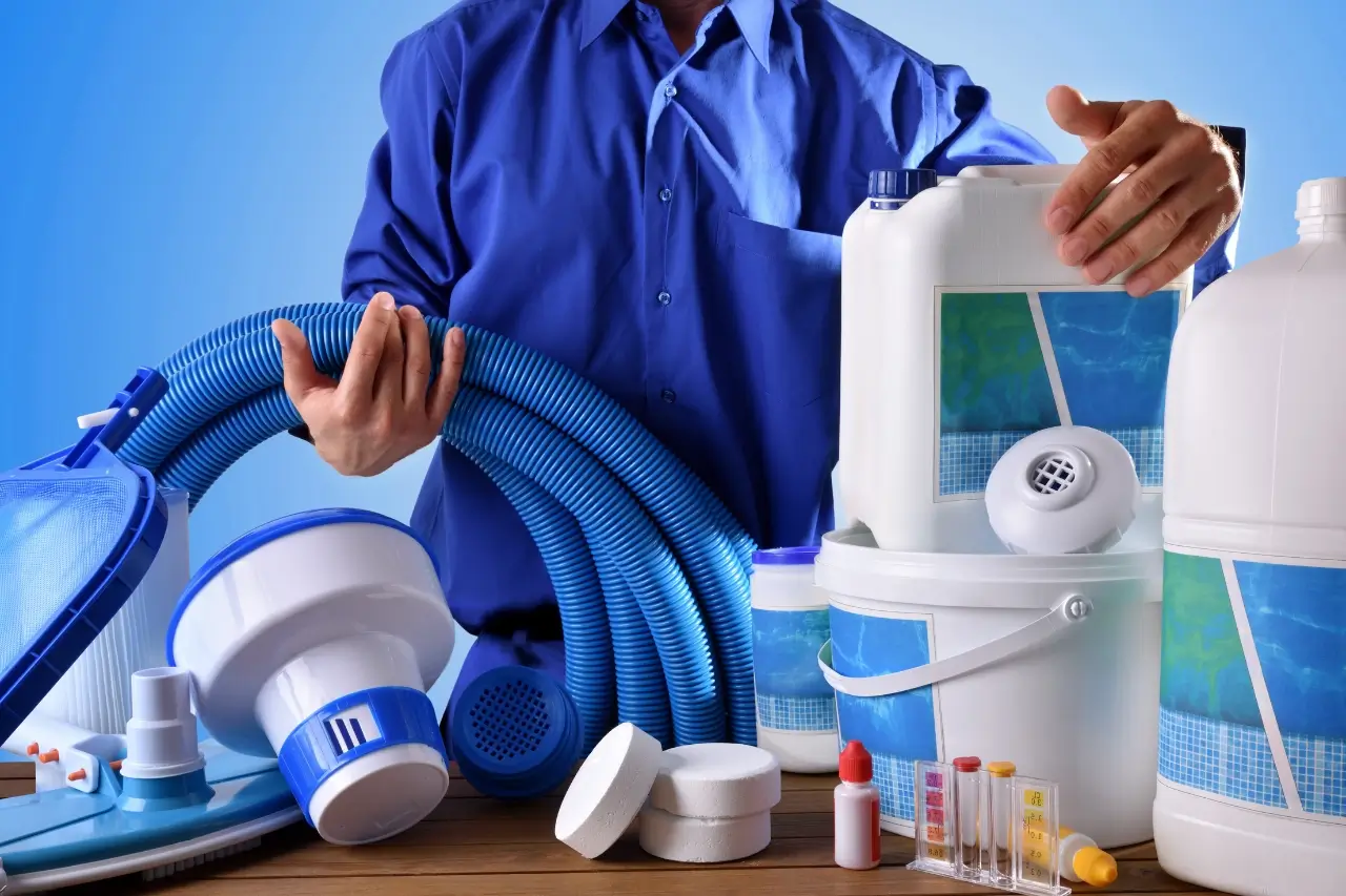 Swimming Pool Cleaning Man Holding Swimming Pool Cleaning Items